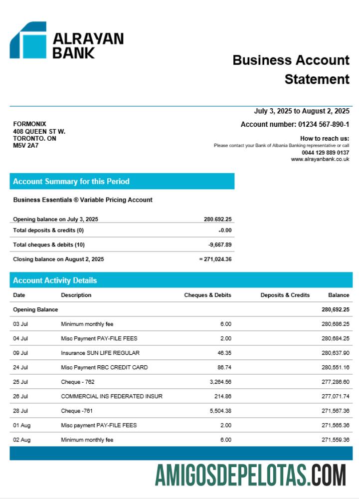 Realista Reino Unido Al Rayan Organization modelo de extrato de conta Word e PDF